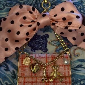 Chic Pink Plaid Clutch bag charm with Gold Accents